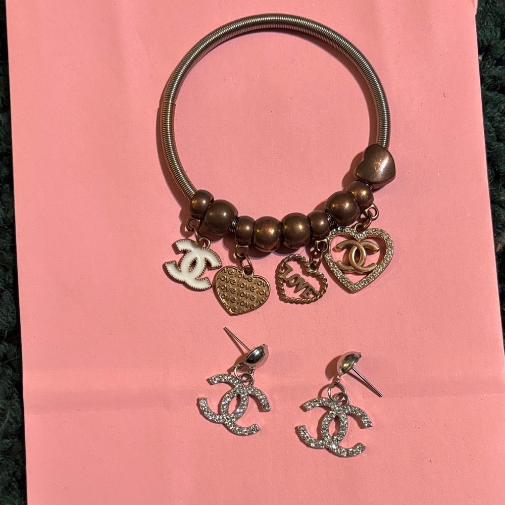 Inspired Gold &Silver toned Charm Bracelet and Earrings Set